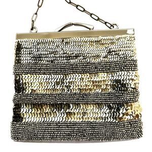 Gold Sequin Evening Bag, Beaded Clutch, Taupe Fabric, Chain Strap, 5 x 6
